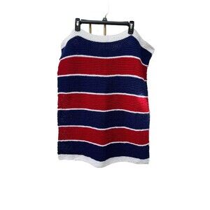 Baby Crochet Knit Handmade Blanket Striped Red White Blue 26x32 Soft Banded